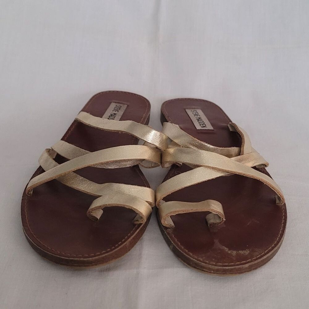 Steve Madden Womens Sz 8.5 Gold Antler Sandals Leather Slip On
